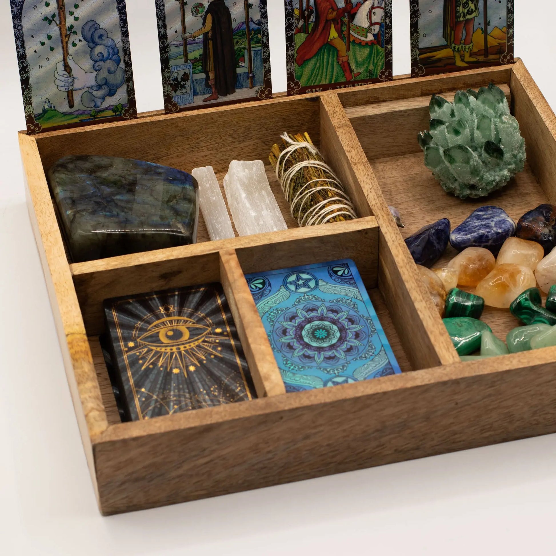 Four Section Tarot Box with Card Holder – Natural Mango Wood Ancient Wisdom