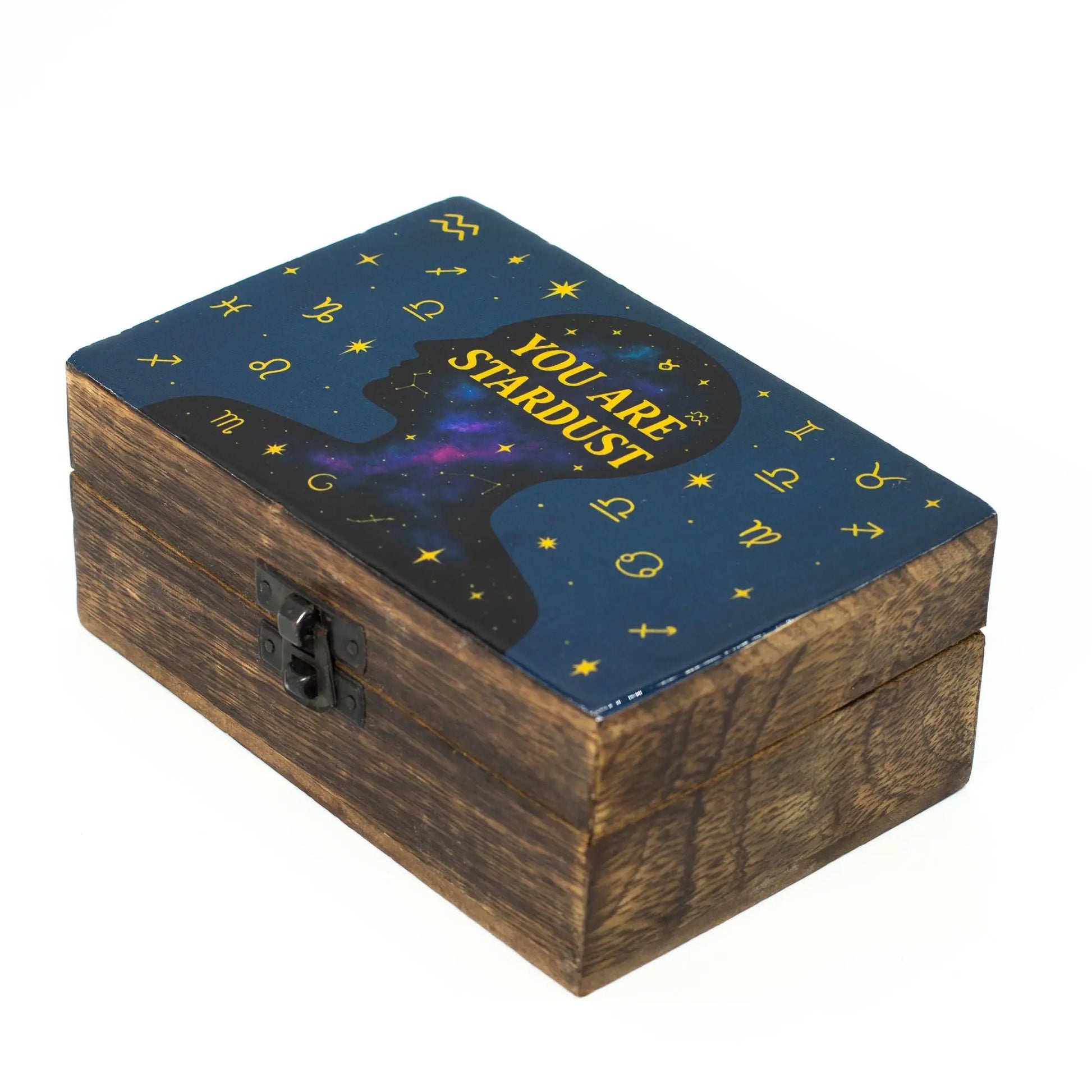 Medium tarot storage box with celestial human profile and zodiac symbols on blue background.