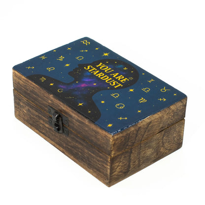 Medium tarot storage box with celestial human profile and zodiac symbols on blue background.
