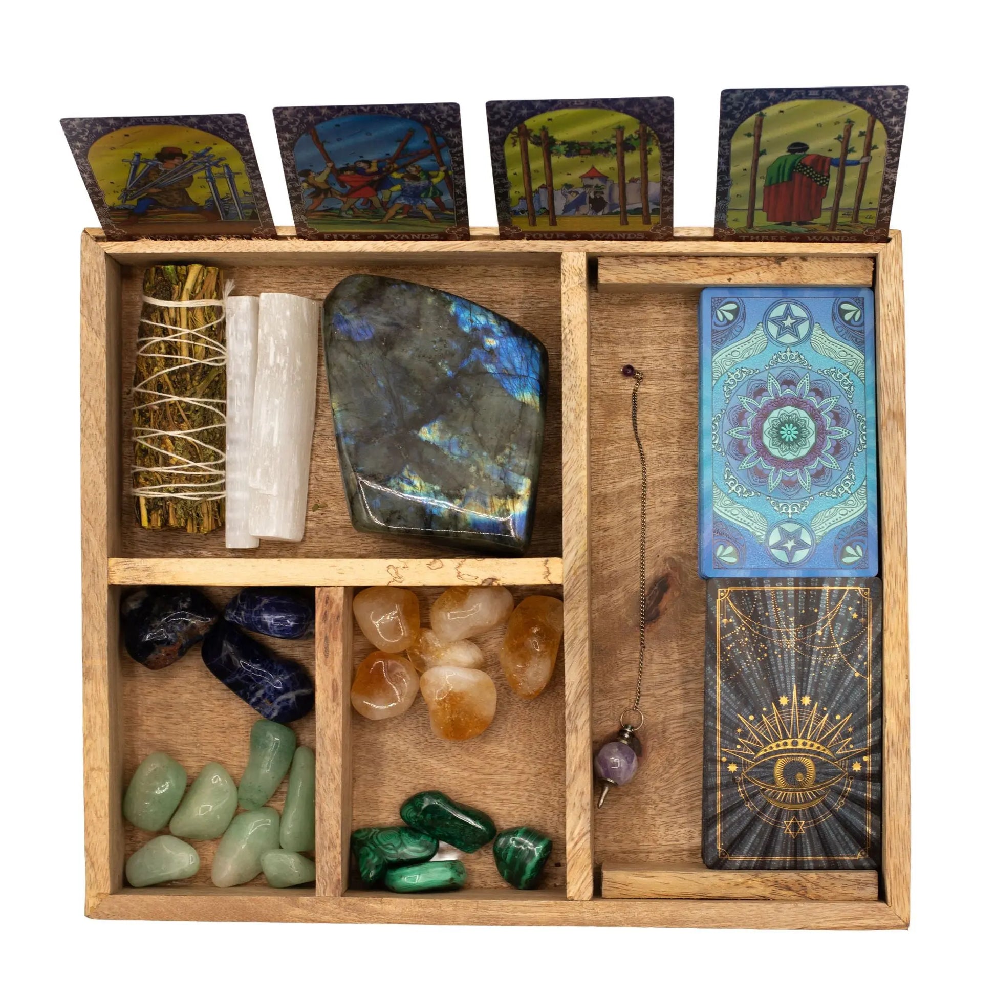 Four Section Tarot Box with Card Holder – Natural Mango Wood Ancient Wisdom