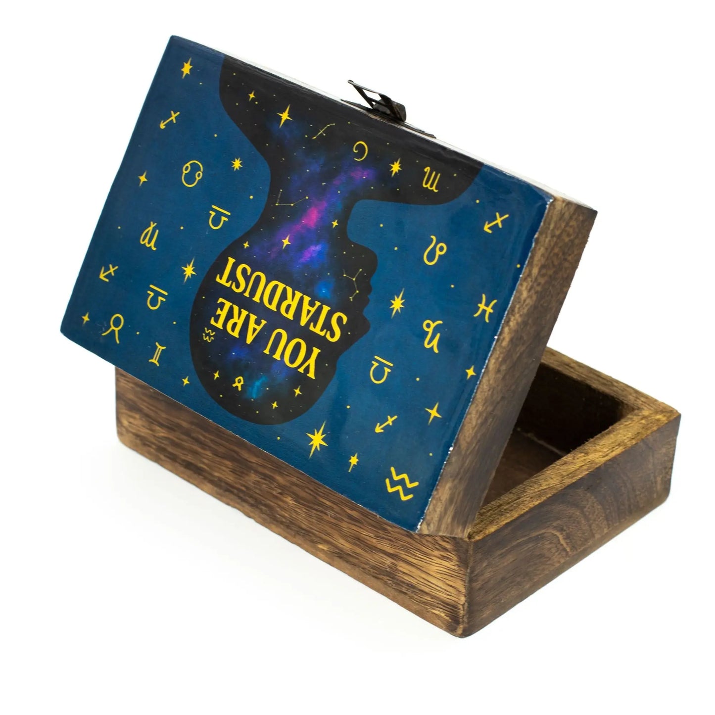 Medium tarot storage box with celestial human profile and zodiac symbols on blue background.