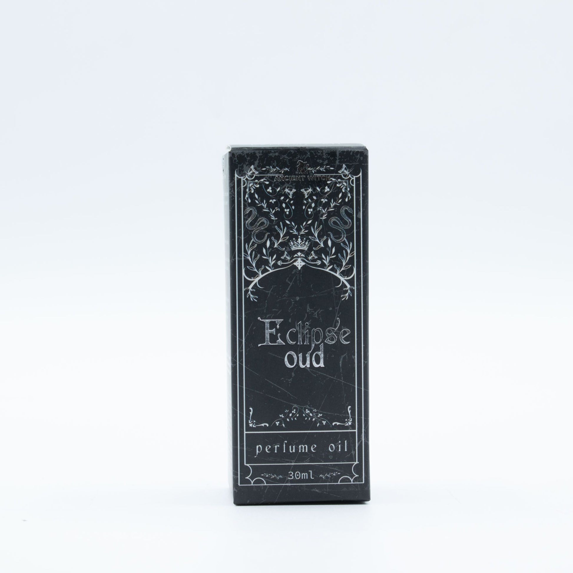 Black box of Eclipse Oud perfume oil on a white background