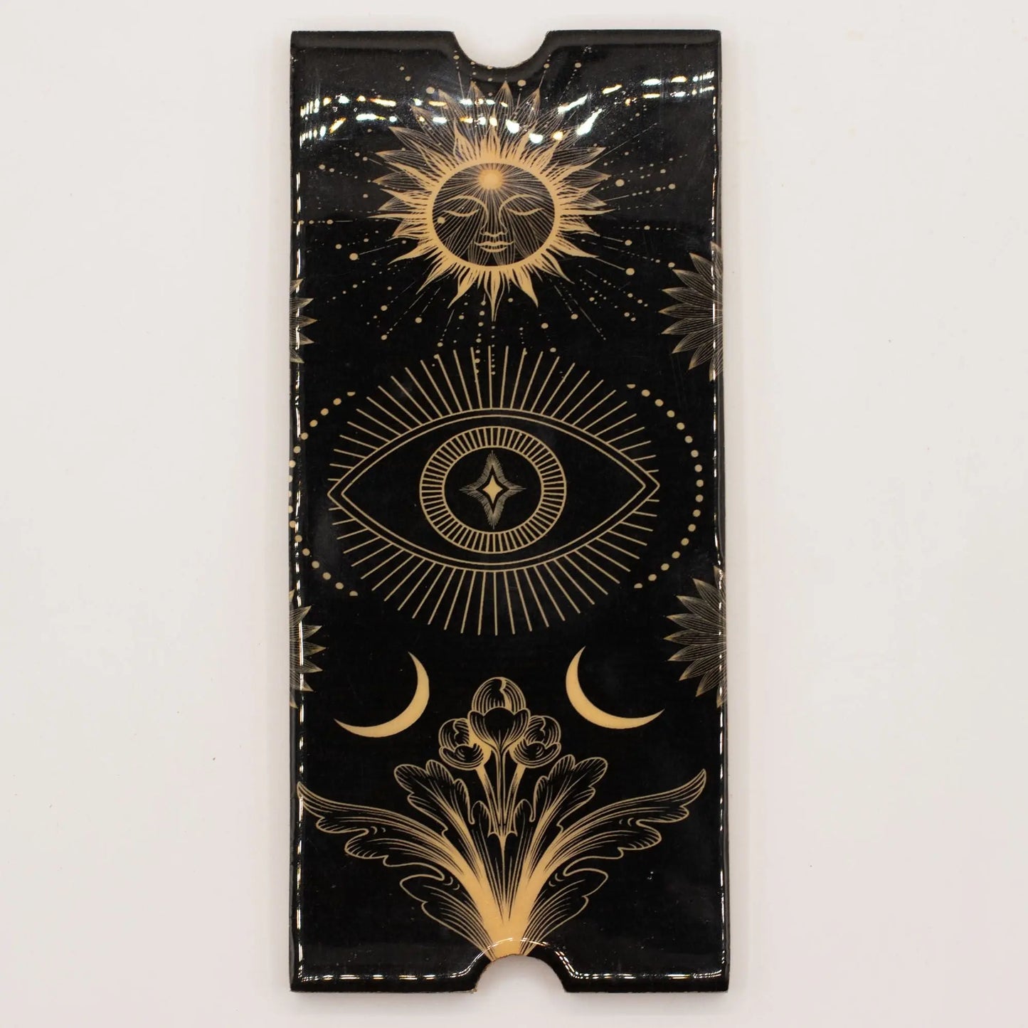 Black tarot case with gold celestial designs on a white background