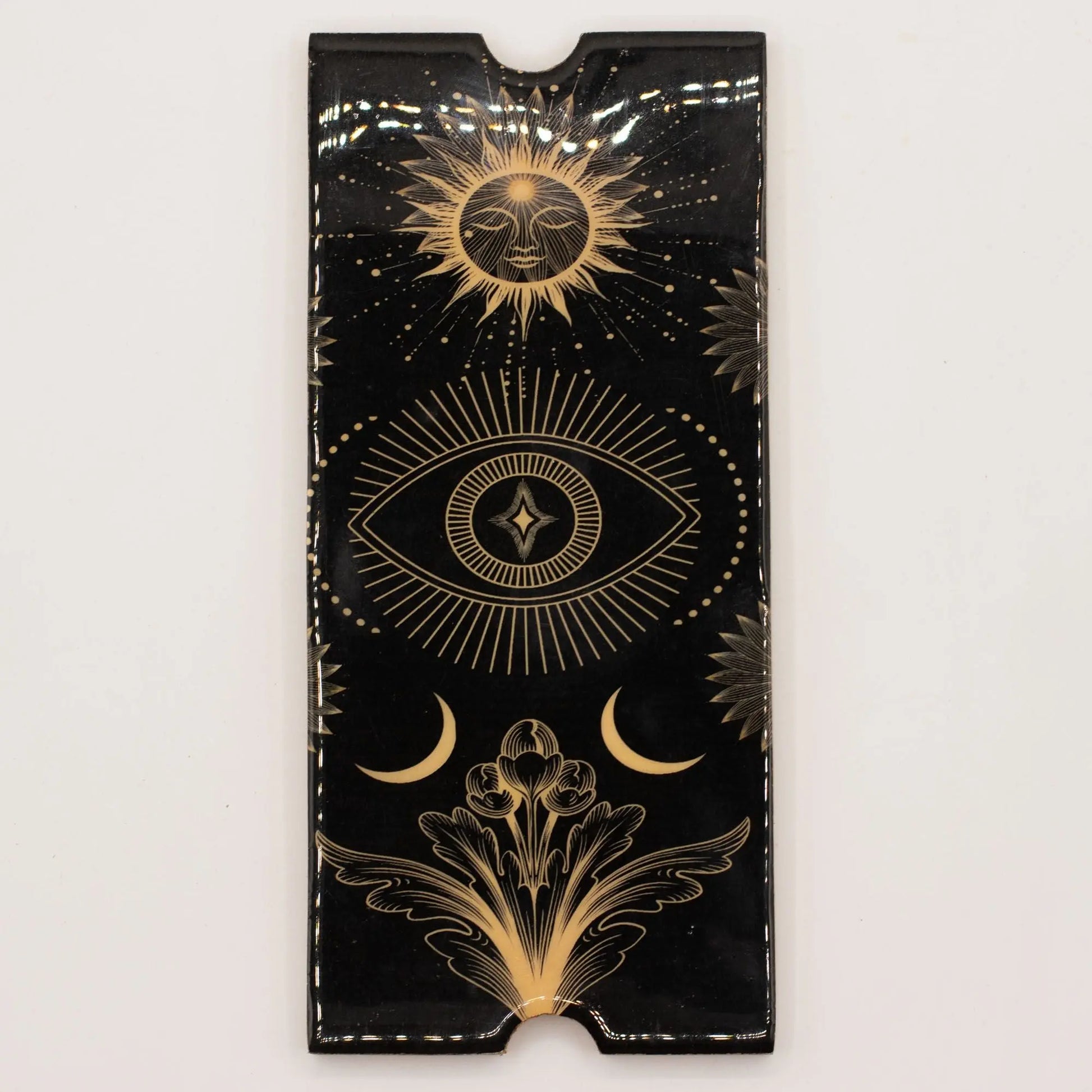 Black tarot case with gold celestial designs on a white background
