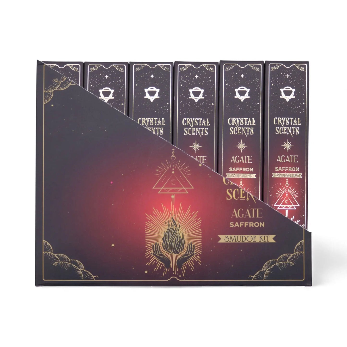 Crystal Scents Agate Saffron smudge kit packaging with starry design