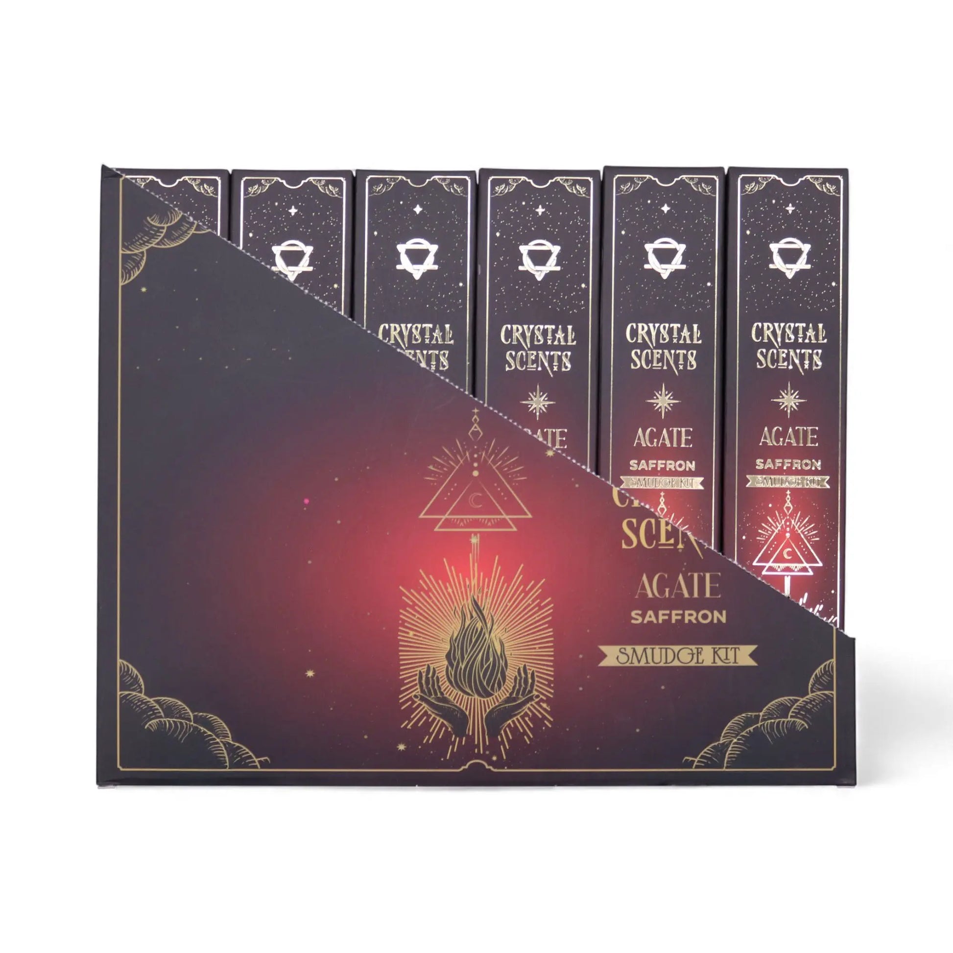 Crystal Scents Agate Saffron smudge kit packaging with starry design