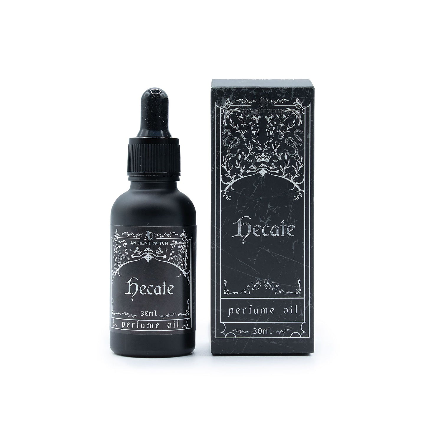 Hecate perfume oil bottle and packaging on a white background