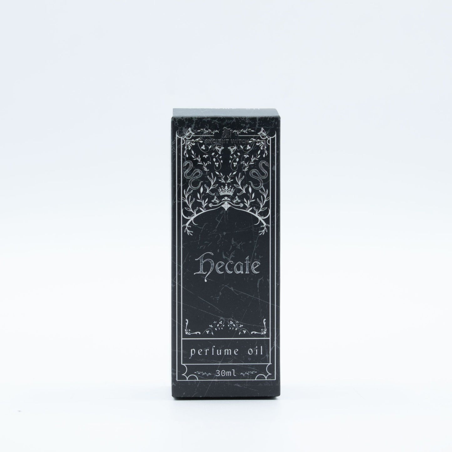 Black packaging of Hecate perfume oil on a white background