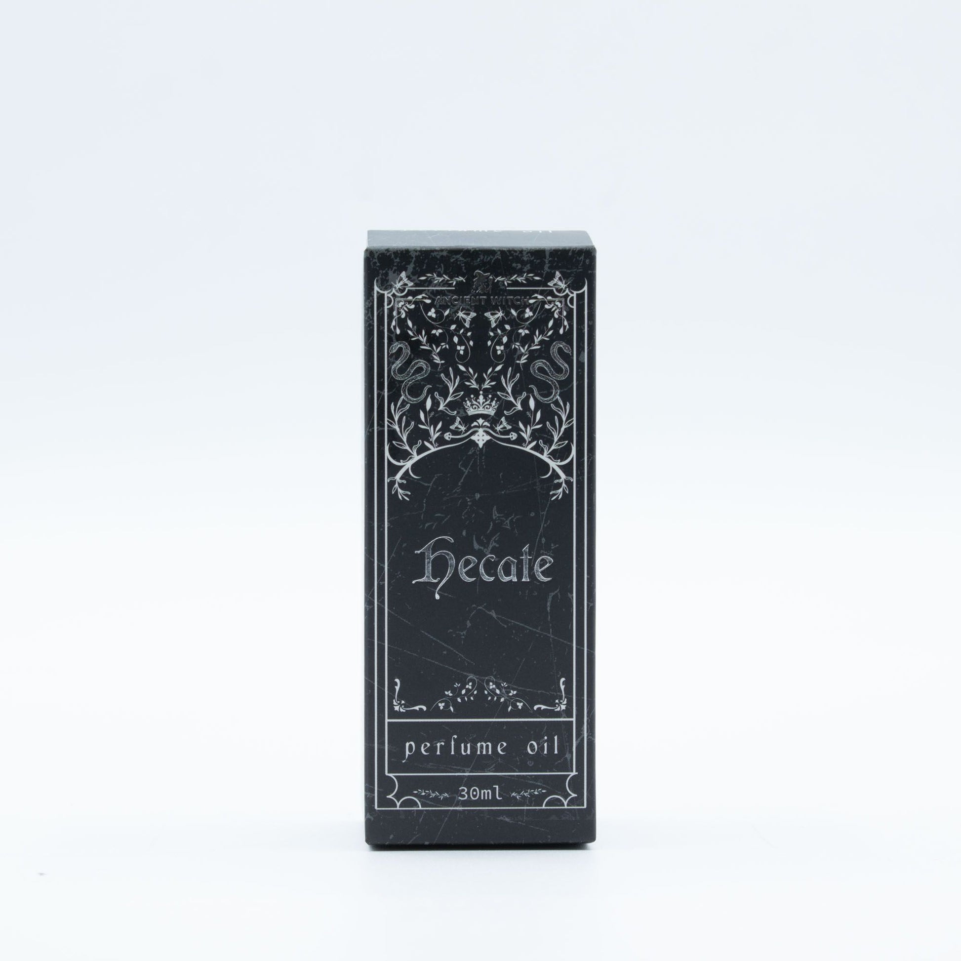 Black packaging of Hecate perfume oil on a white background