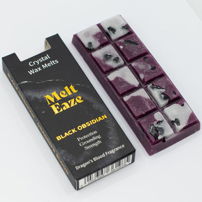 Obsidian Shield 50g Dragon's Blood scented wax melt snap bar with genuine Black Obsidian crystal chips, featured in the Oneness Tarot & Tea Samhain box.