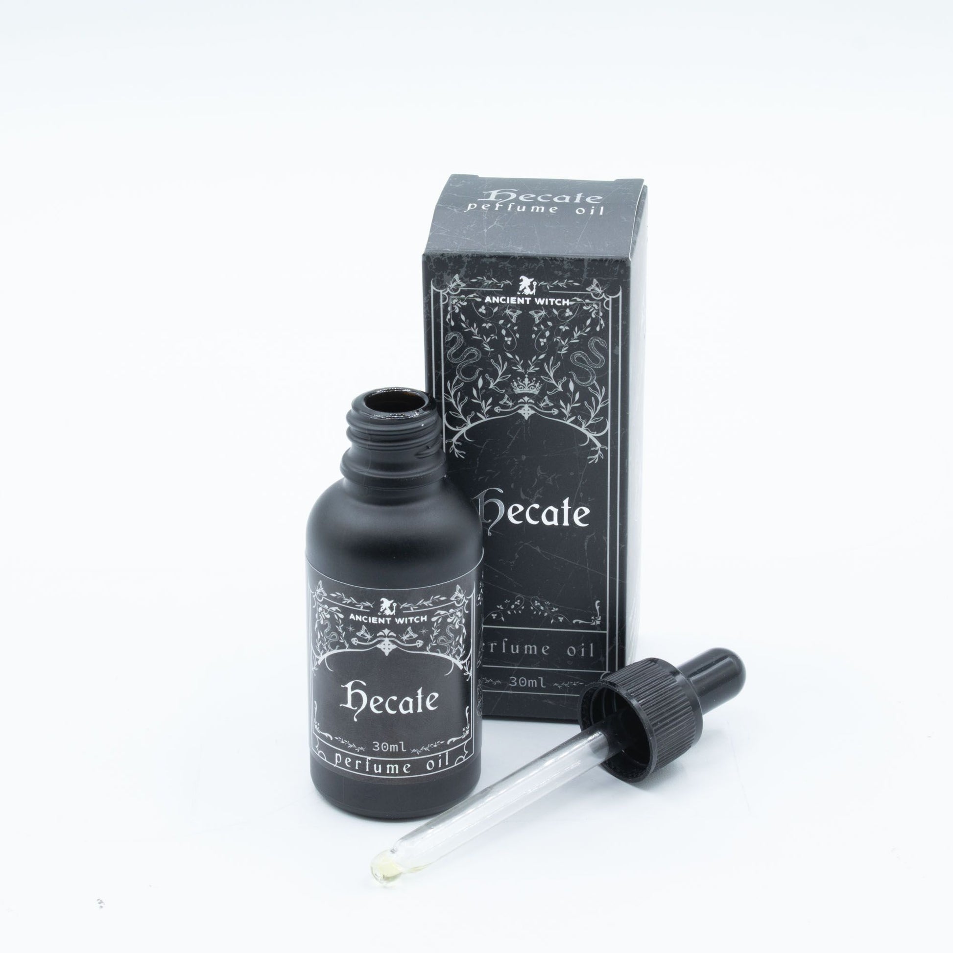 Hecate perfume oil bottle and packaging on a white background