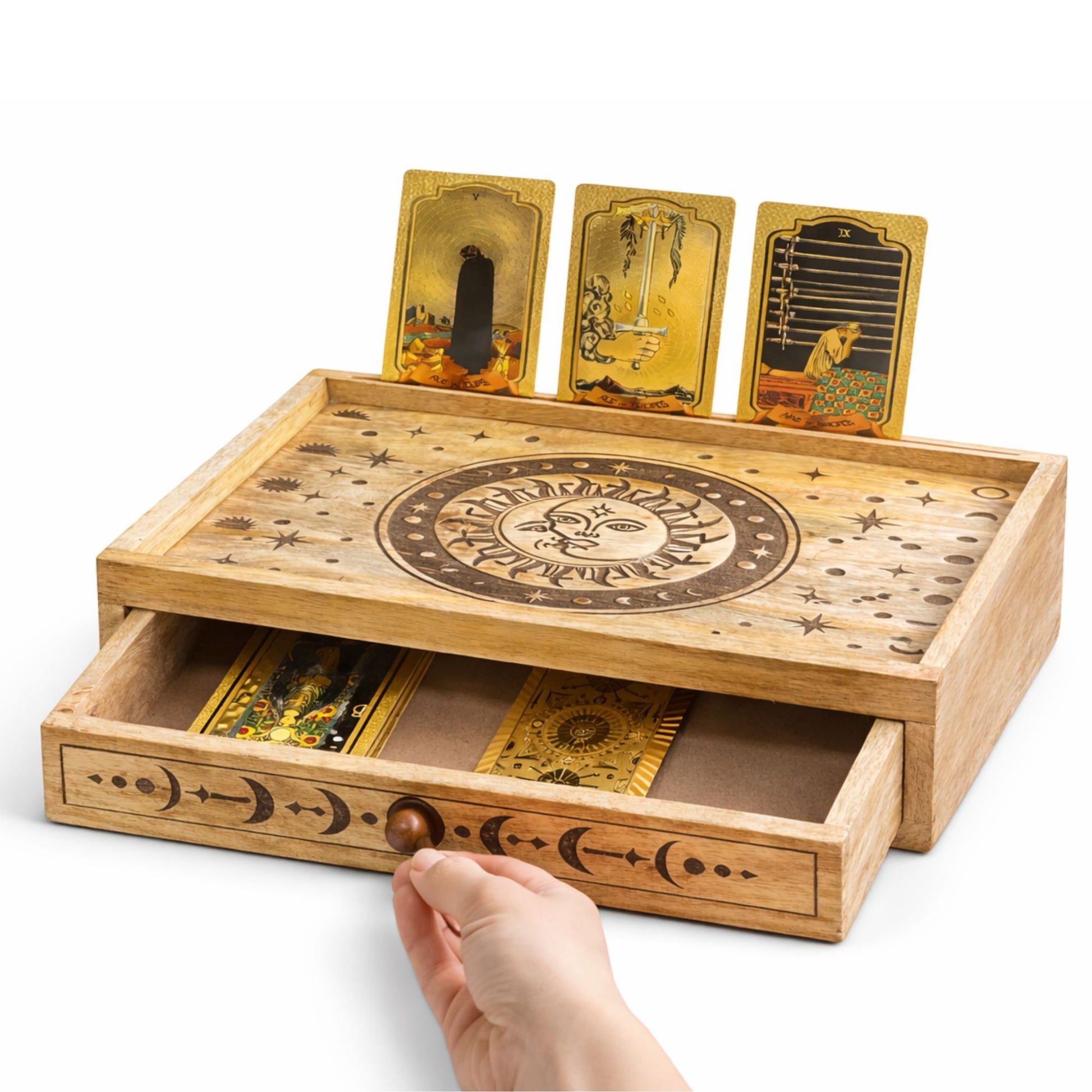 Hand-carved Sun and Moon tarot storage box with drawer made from mango wood featuring celestial carvings and tarot deck storage.