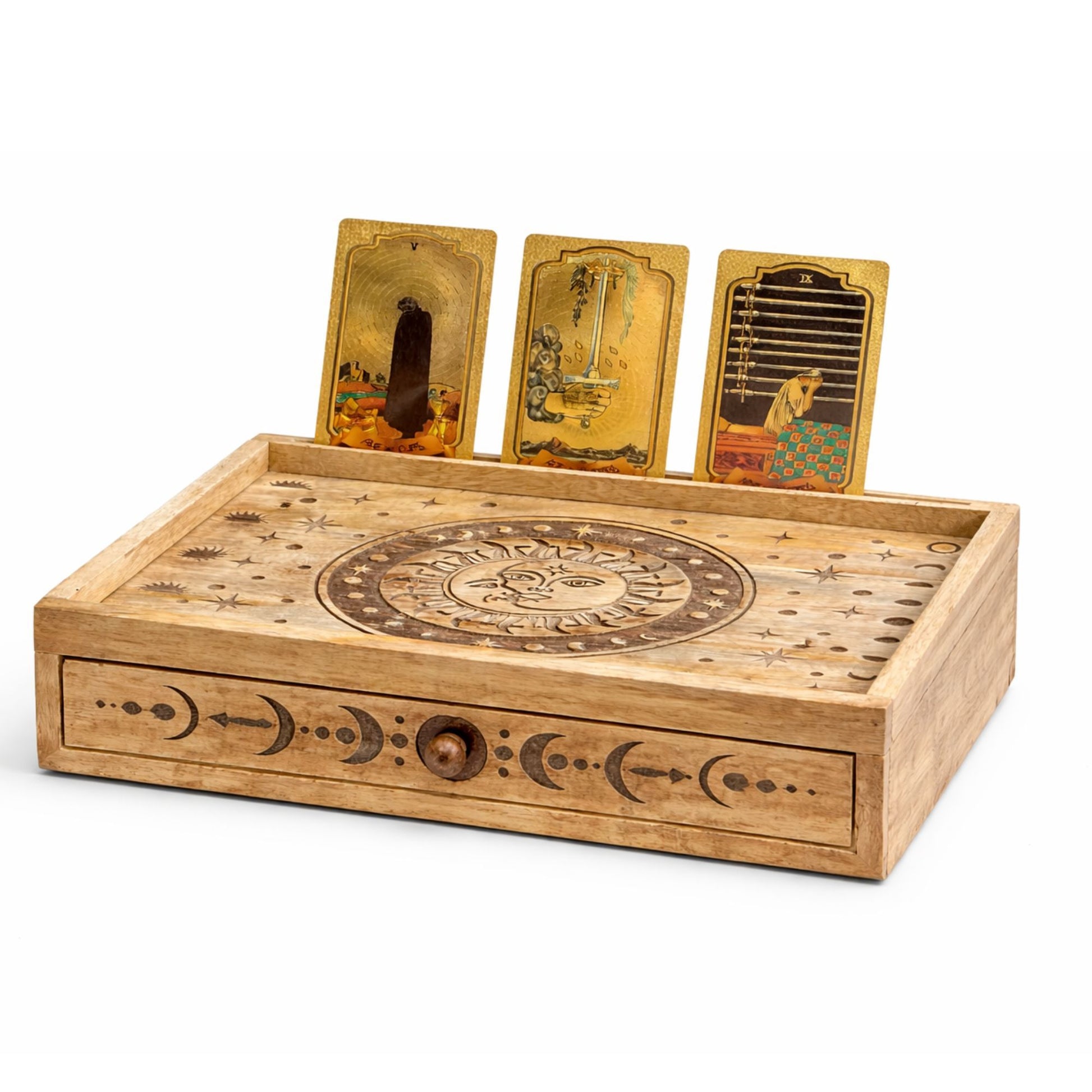 Hand-carved Sun and Moon tarot storage box with drawer made from mango wood featuring celestial carvings and tarot deck storage.