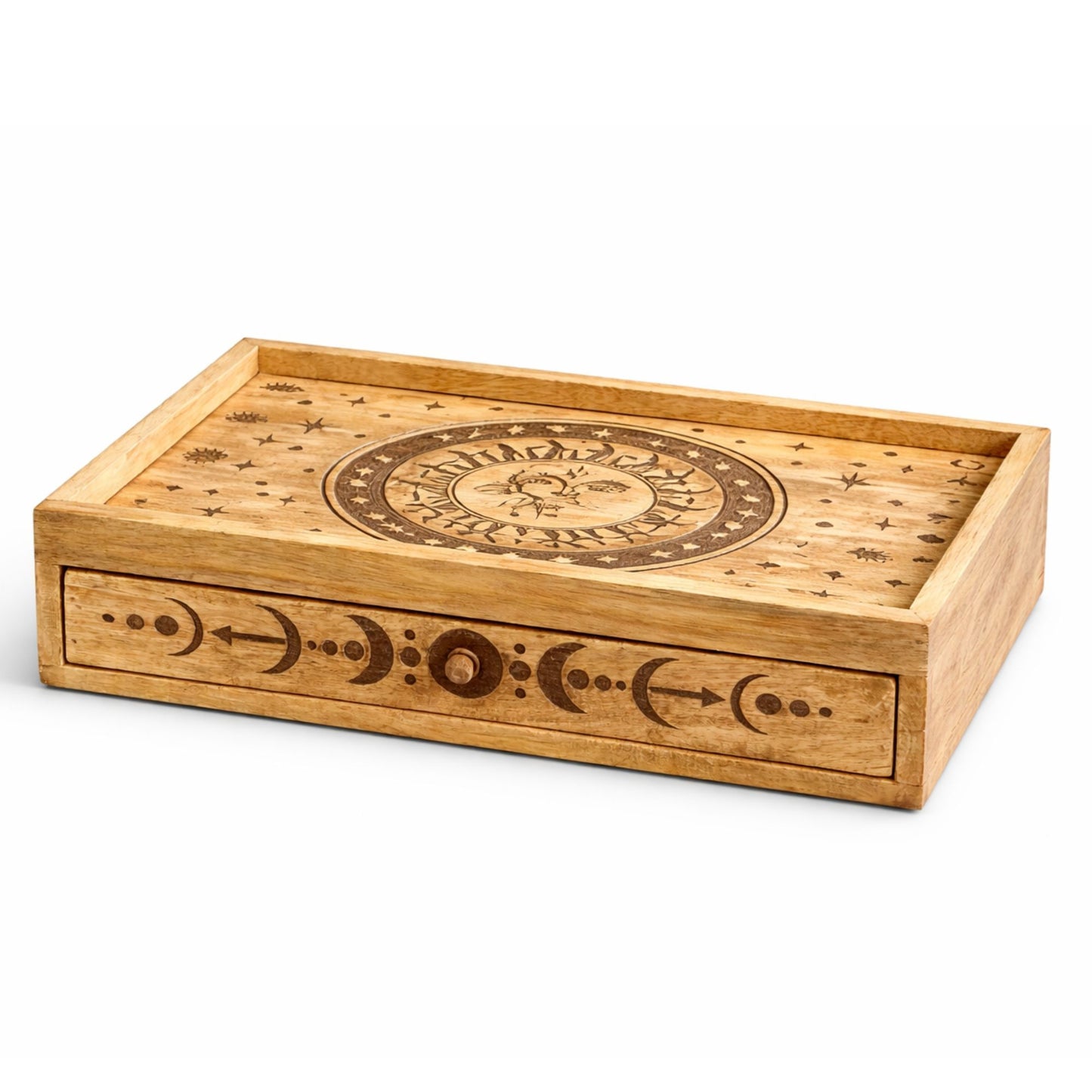 Hand-carved Sun and Moon tarot storage box with drawer made from mango wood featuring celestial carvings and tarot deck storage.