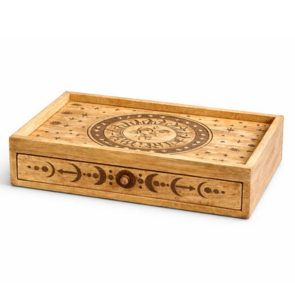 Hand-carved Sun and Moon tarot storage box with drawer made from mango wood featuring celestial carvings and tarot deck storage.