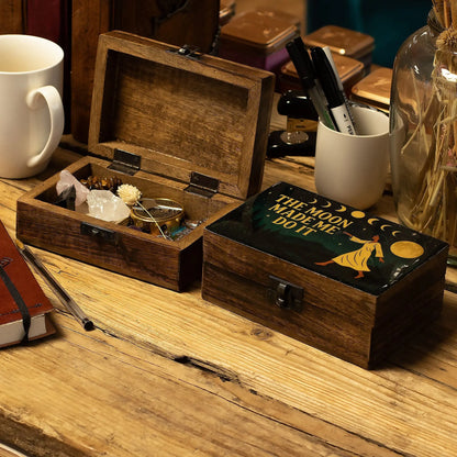 Medium enamelled tarot box with moon phases design and mango wood finish.