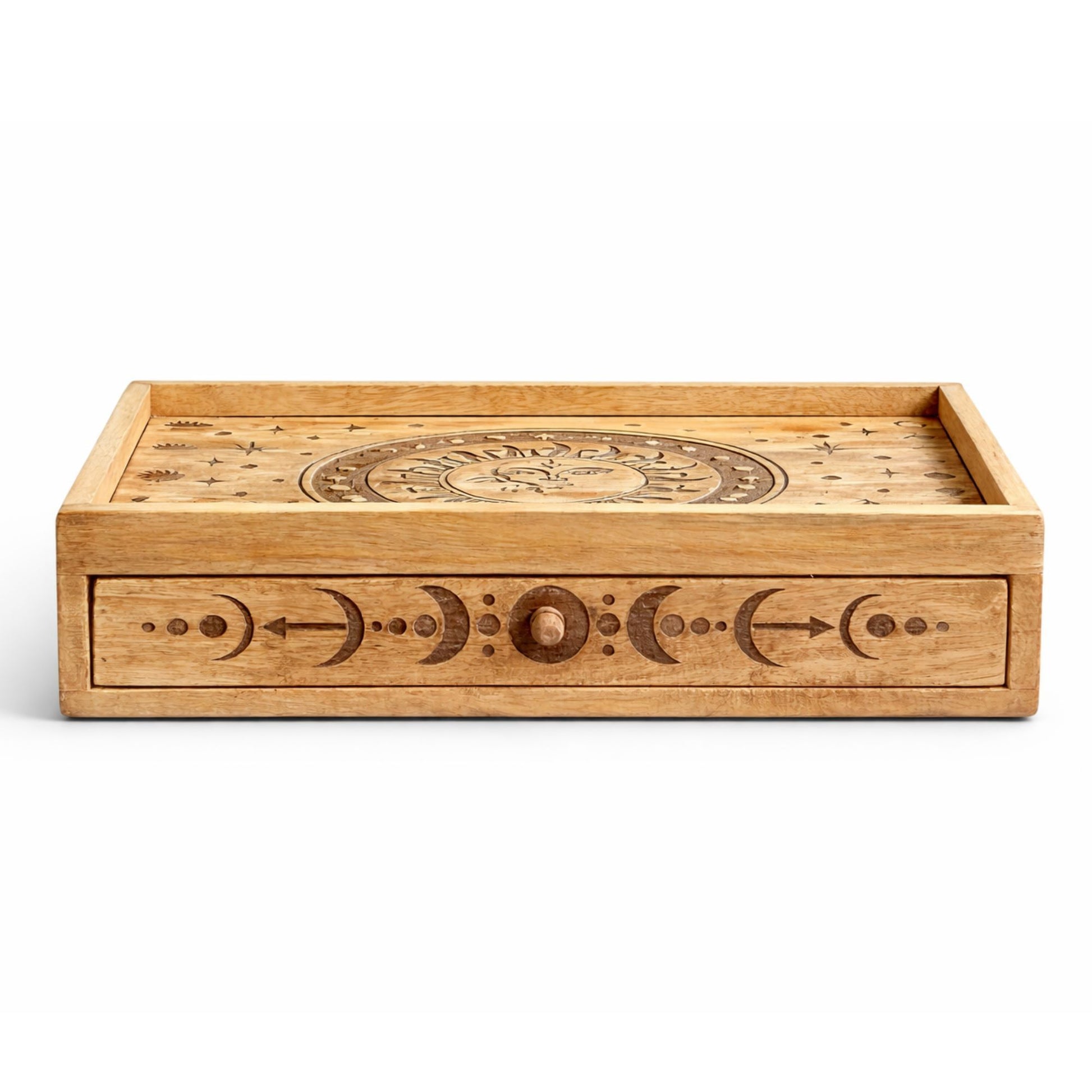 Hand-carved Sun and Moon tarot storage box with drawer made from mango wood featuring celestial carvings and tarot deck storage.
