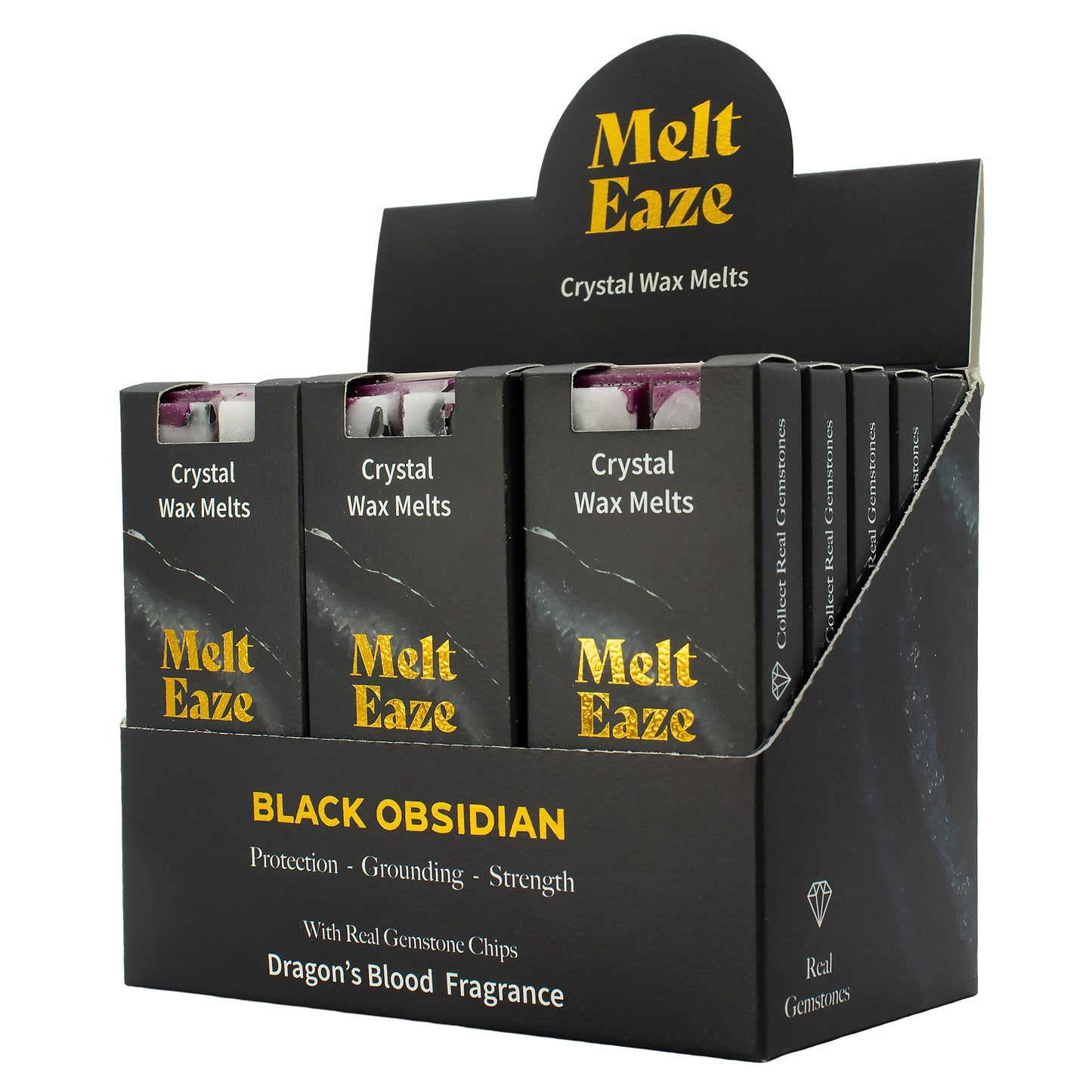 Obsidian Shield 50g Dragon's Blood scented wax melt snap bar with genuine Black Obsidian crystal chips, featured in the Oneness Tarot & Tea Samhain box.