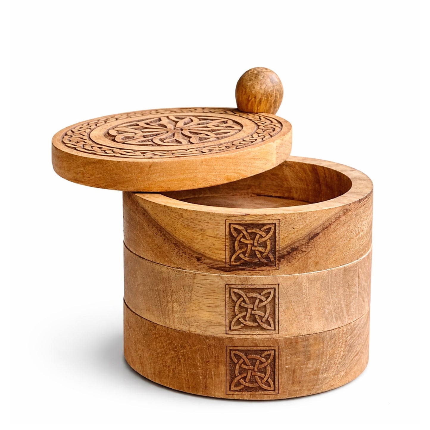 Handcrafted Celtic Carved 3 Tier Revolving Box made from mango wood with rotating storage compartments and traditional Celtic knot carvings for tarot accessories and crystals.