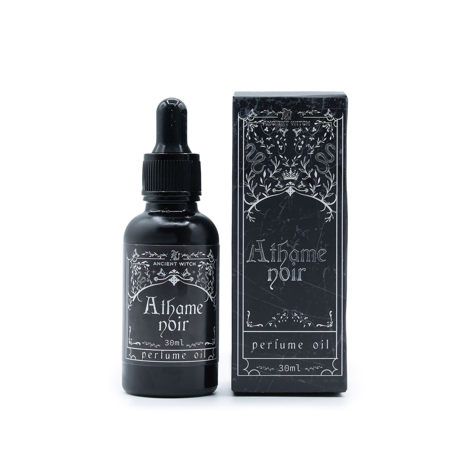 Black perfume oil bottle and packaging with 'Athame noir' branding on a white background