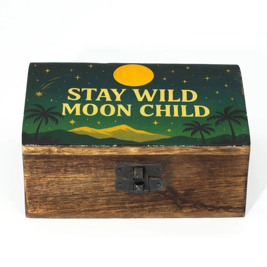 Medium tarot storage box with desert night scene, full moon, palm trees and stars.