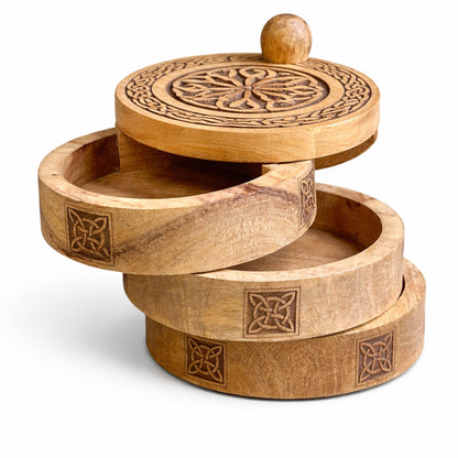 Handcrafted Celtic Carved 3 Tier Revolving Box made from mango wood with rotating storage compartments and traditional Celtic knot carvings for tarot accessories and crystals.