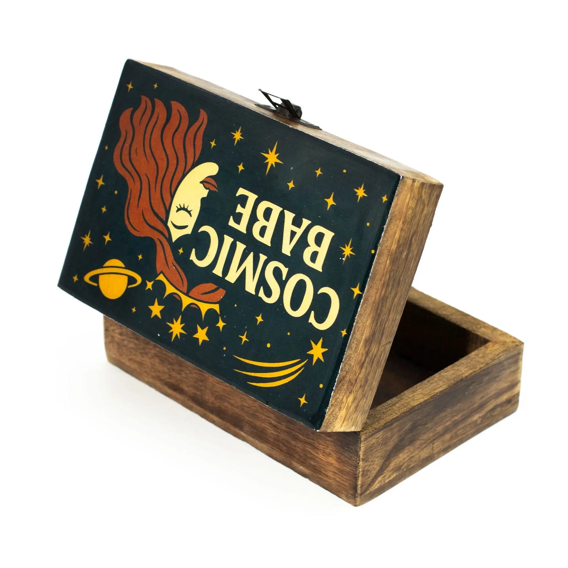 Medium tarot storage box with celestial queen face and starry black background.