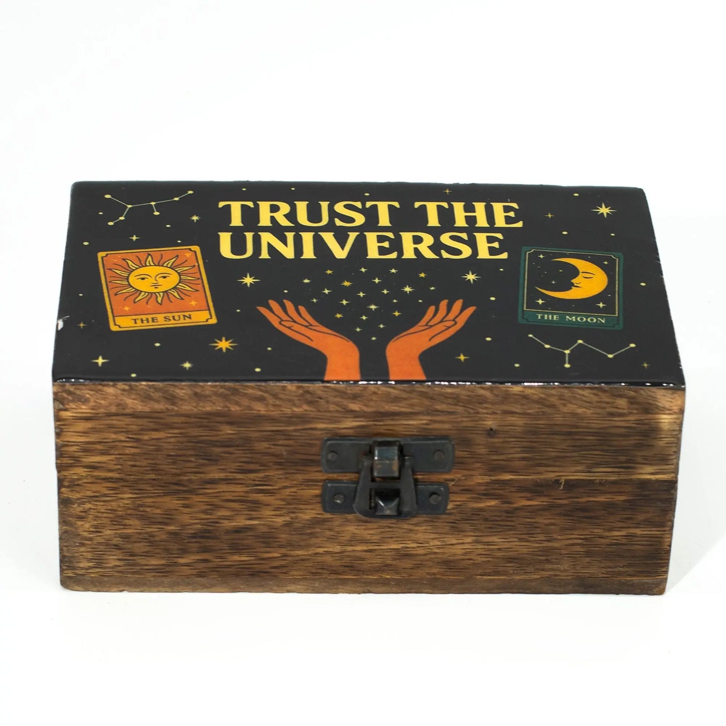 Medium tarot storage box with hands reaching for stars, constellations and moon tarot symbols.