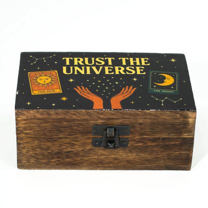 Medium tarot storage box with hands reaching for stars, constellations and moon tarot symbols.