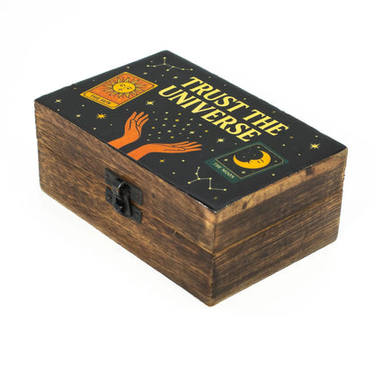 Medium tarot storage box with hands reaching for stars, constellations and moon tarot symbols.