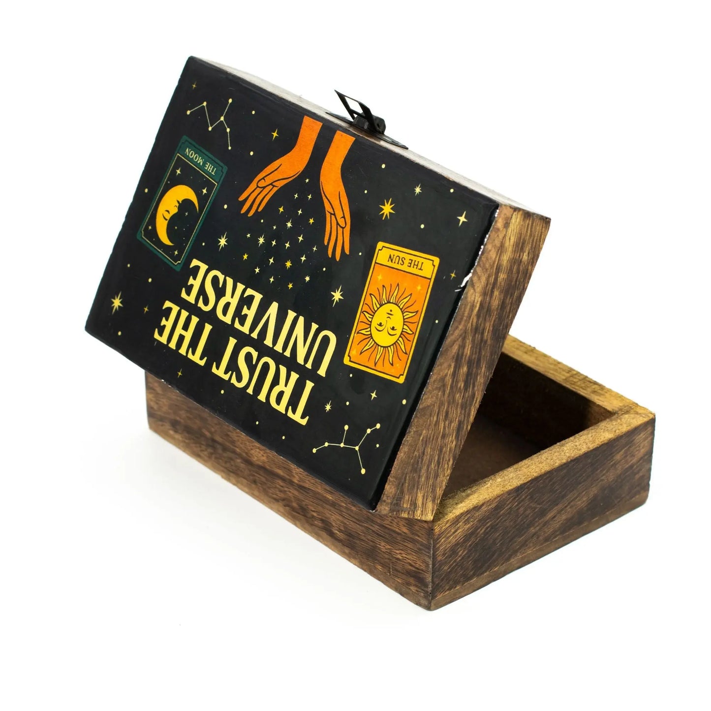 Medium tarot storage box with hands reaching for stars, constellations and moon tarot symbols.