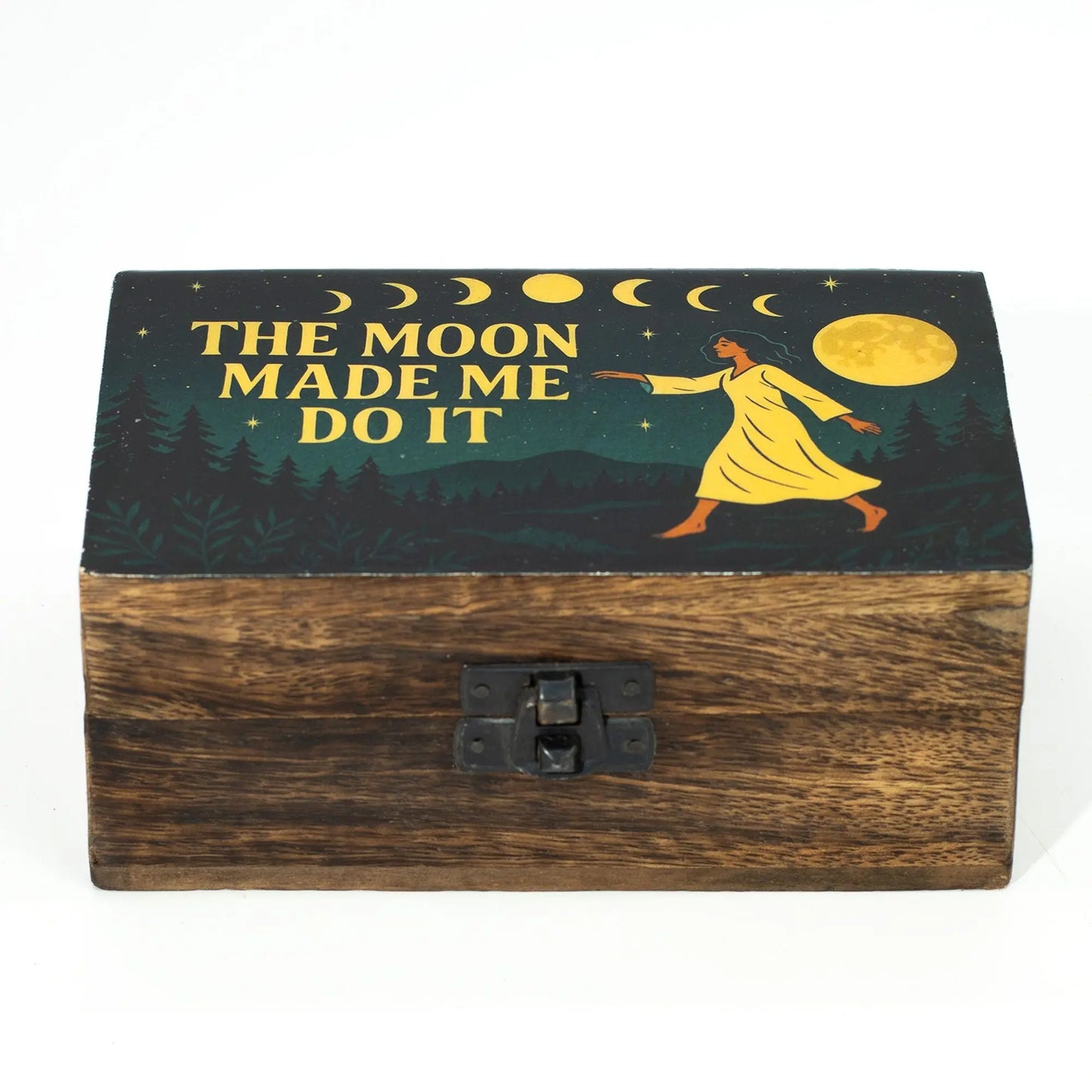 Medium enamelled tarot box with moon phases design and mango wood finish.