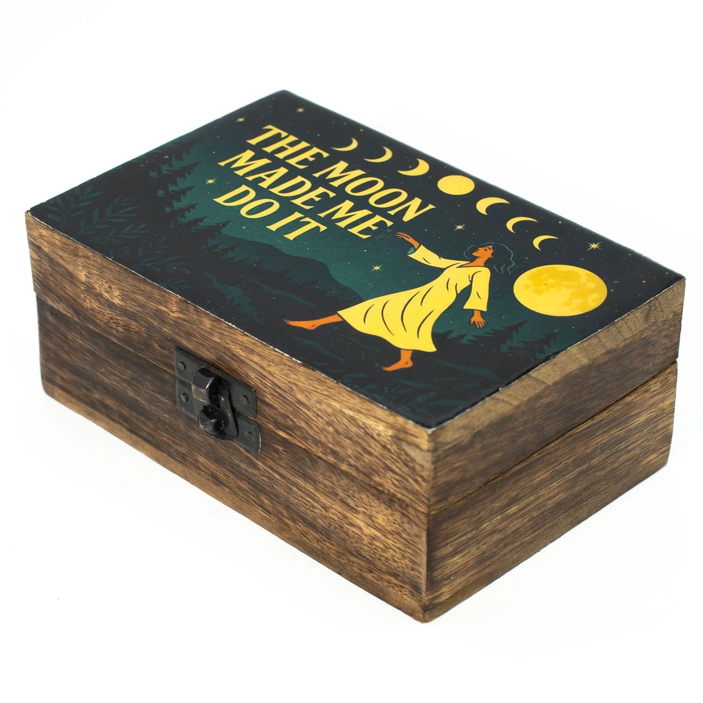 Medium enamelled tarot box with moon phases design and mango wood finish.