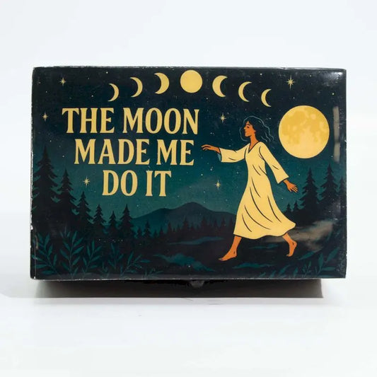 Medium enamelled tarot box with moon phases design and mango wood finish.