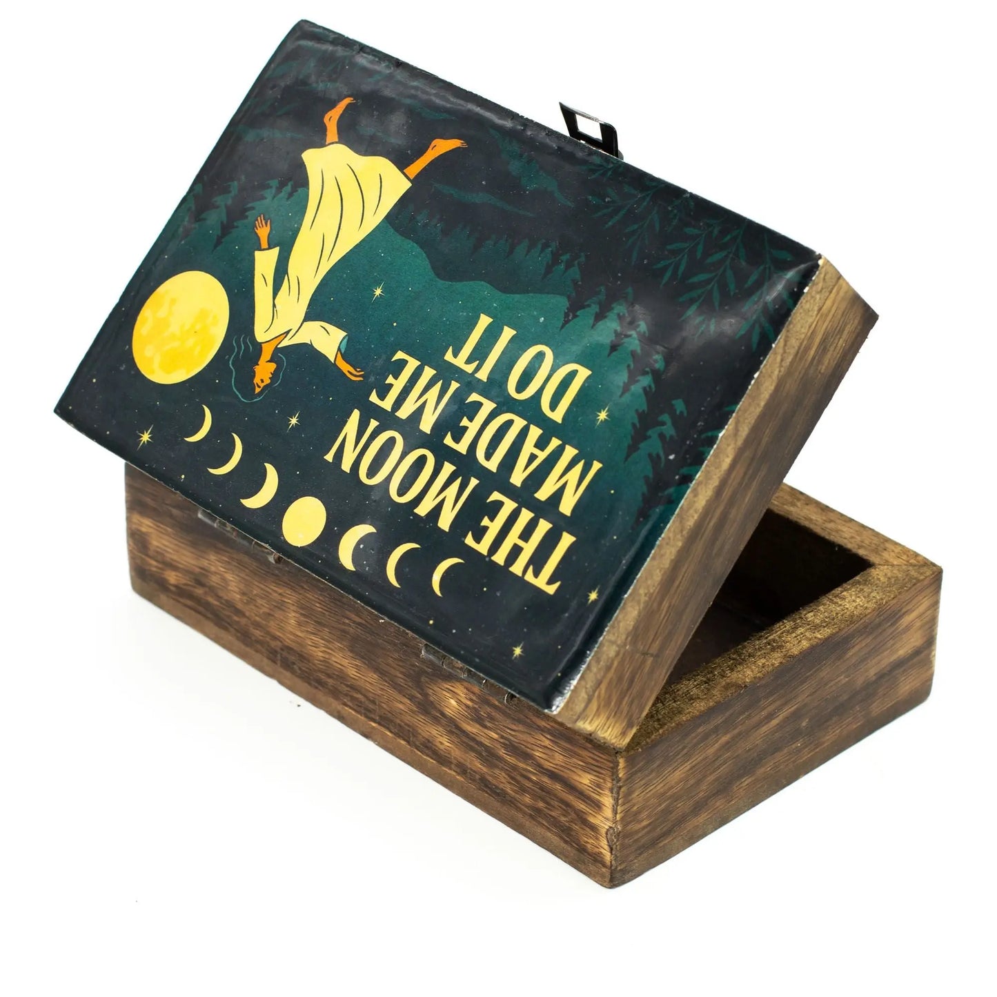 Medium enamelled tarot box with moon phases design and mango wood finish.