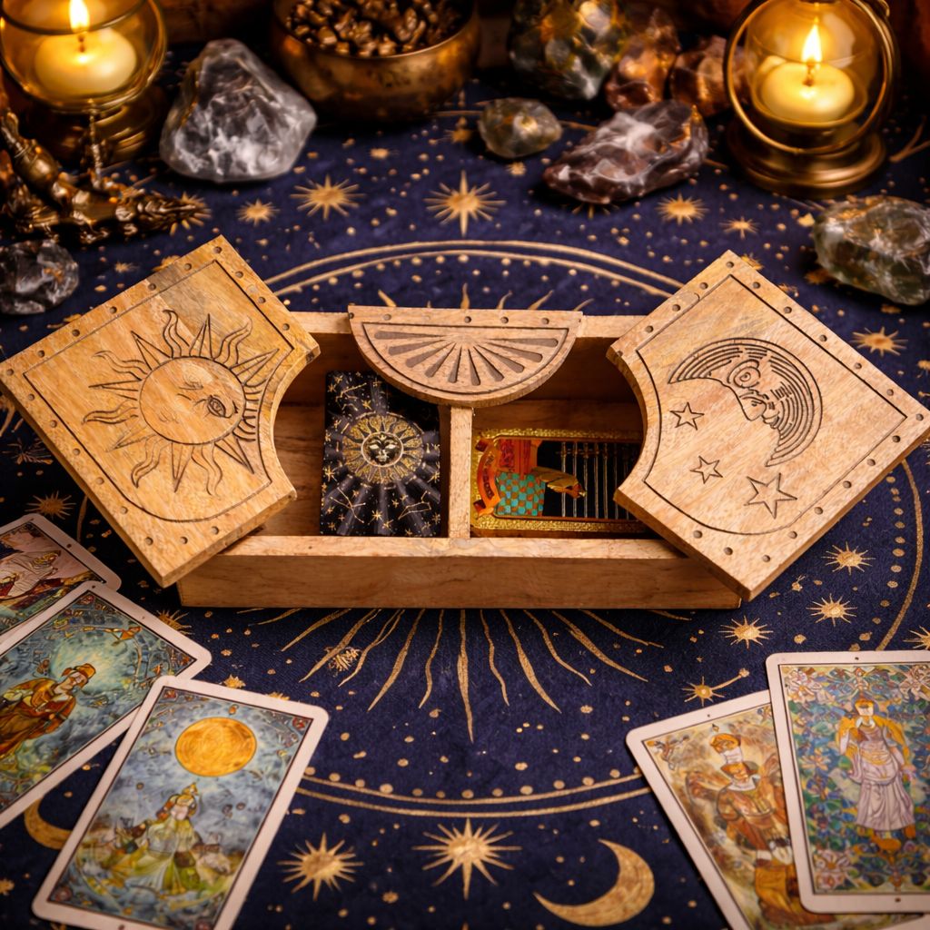 Sun & Moon Carved Sliding Box UK | Tarot & Crystal Storage
