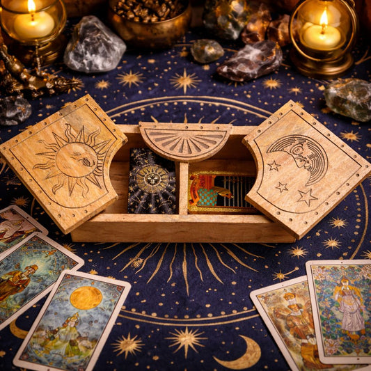 Sun & Moon Carved Sliding Box UK | Tarot & Crystal Storage