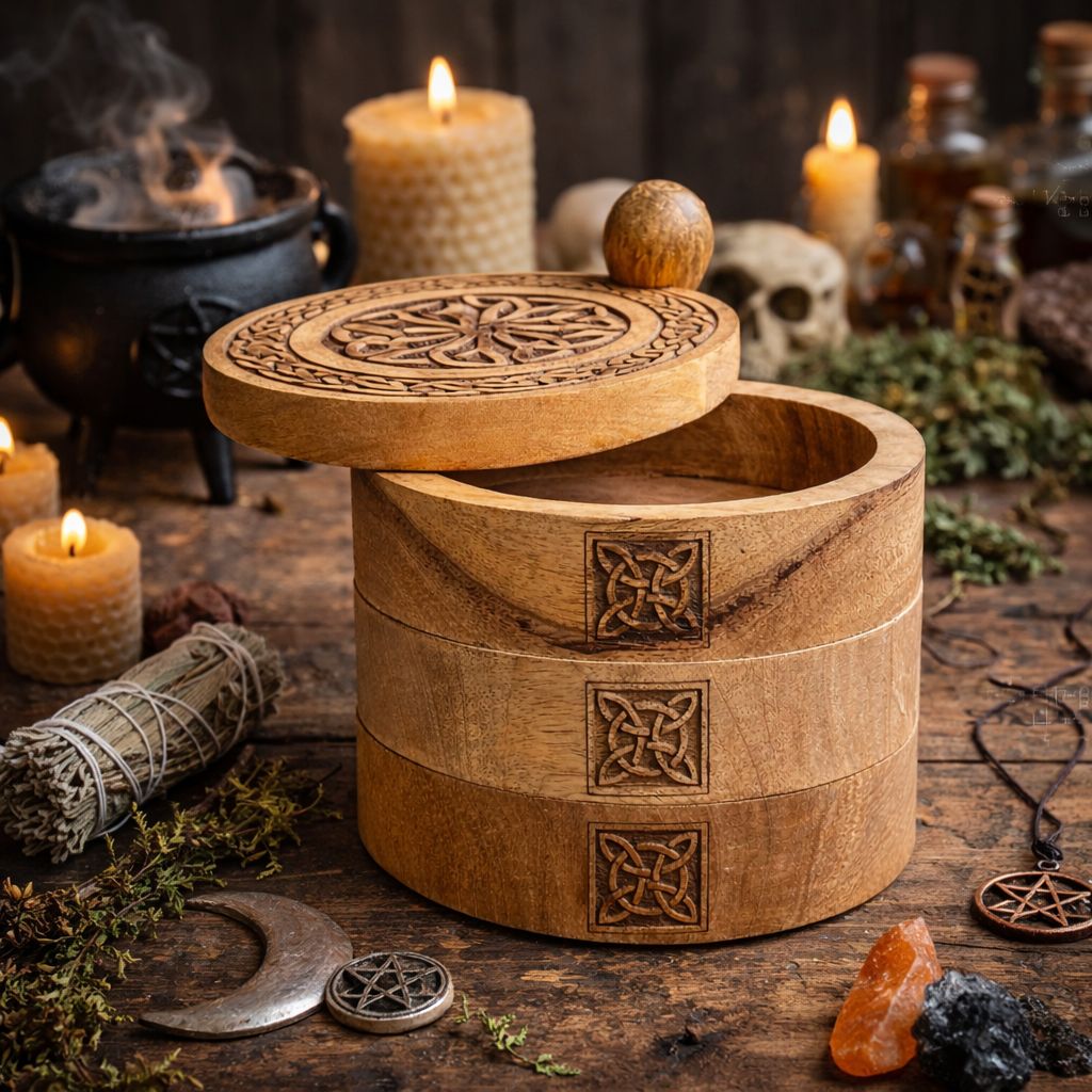 Handcrafted Celtic Carved 3 Tier Revolving Box made from mango wood with rotating storage compartments and traditional Celtic knot carvings for tarot accessories and crystals.