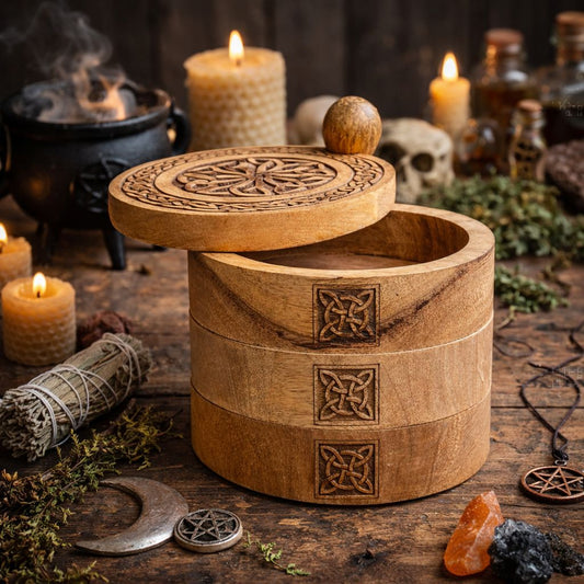 Handcrafted Celtic Carved 3 Tier Revolving Box made from mango wood with rotating storage compartments and traditional Celtic knot carvings for tarot accessories and crystals.