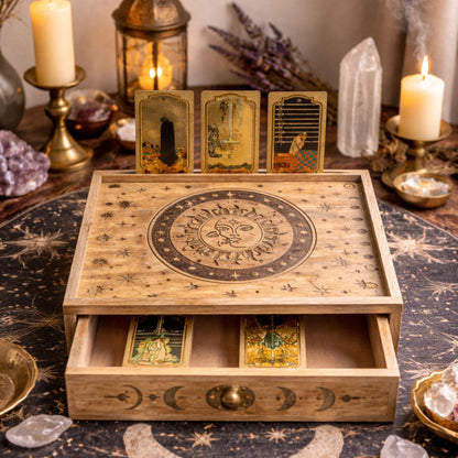 Hand-carved Sun and Moon tarot storage box with drawer made from mango wood featuring celestial carvings and tarot deck storage.
