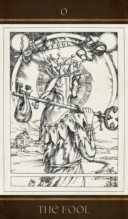 Black and white illustration of 'The Fool' tarot card with detailed design and text.
