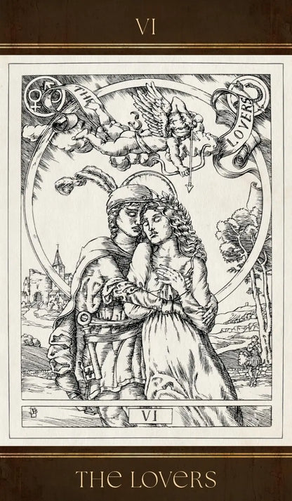 Tarot card 'The Lovers' with black and white illustration on a beige background