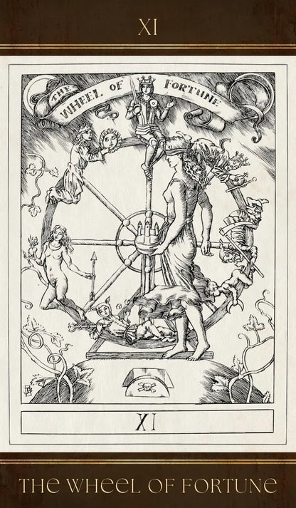 Tarot card featuring 'The Wheel of Fortune' with intricate design and text.