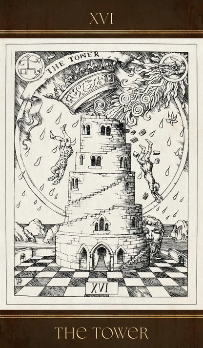 Illustration of 'The Tower' tarot card with a tower and symbolic elements on a checkered background.