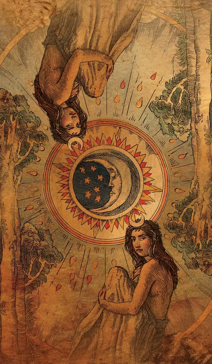 Artistic depiction of two figures embracing with a celestial design in the center.