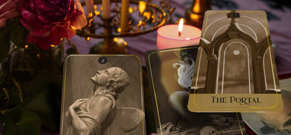 Three tarot cards on a mystical table with candles and flowers