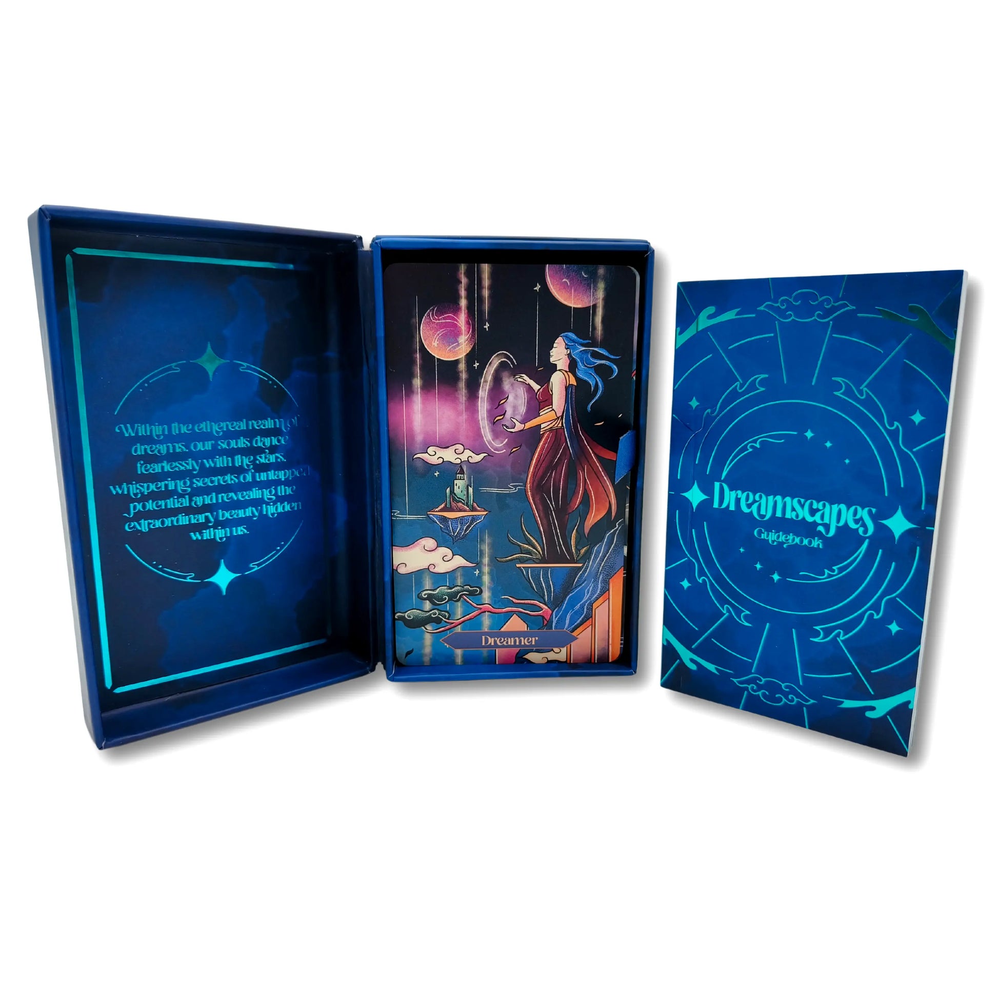 Dreamscapes card deck with blue packaging on a white background
