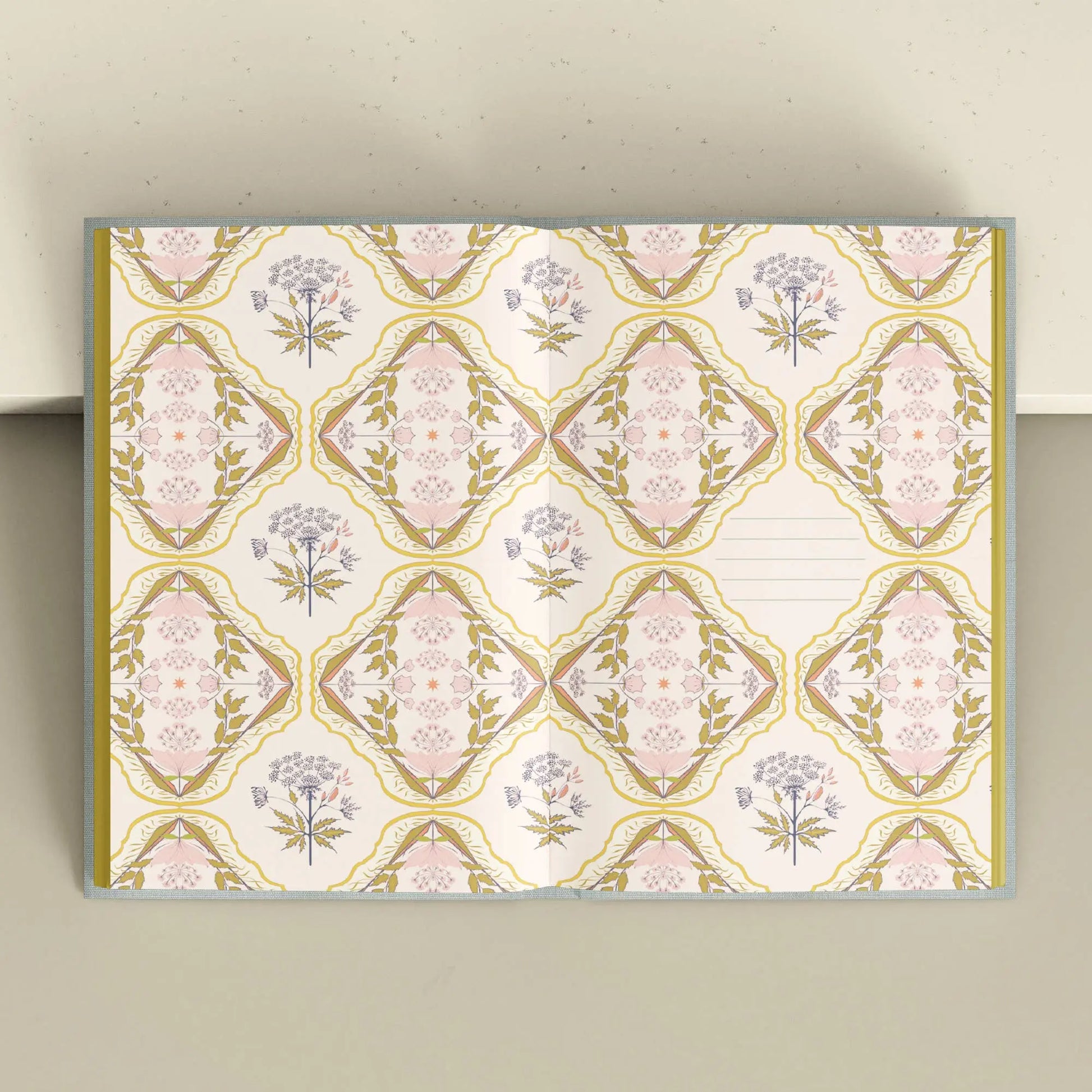 Decorative rug with floral pattern on a neutral background Crystal companion journal by Bouchette and Co available from Oneness Emporium