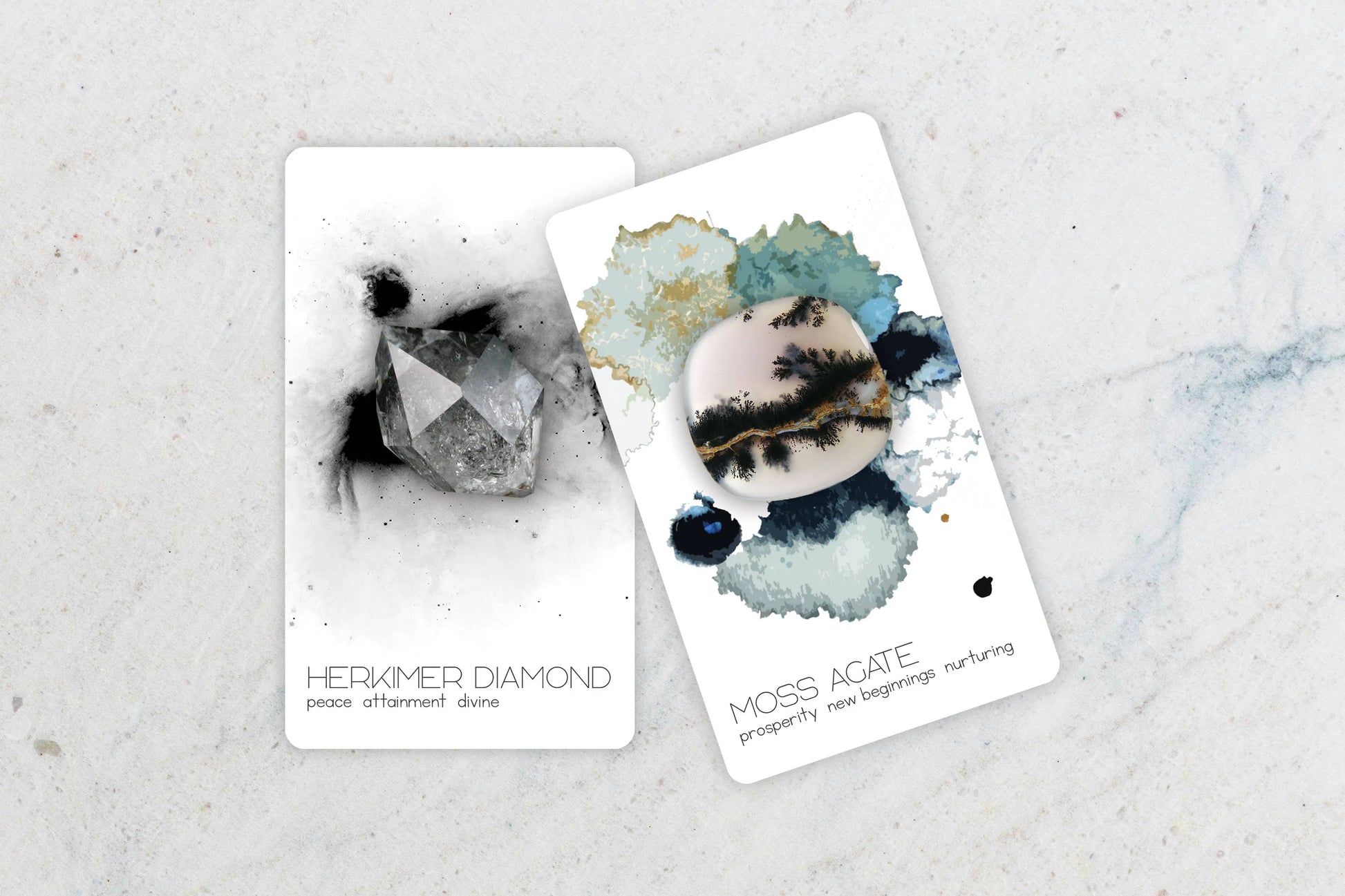 Two cards featuring Herkimer diamond and Moss Agate on a marble surface radiant crystal oracle