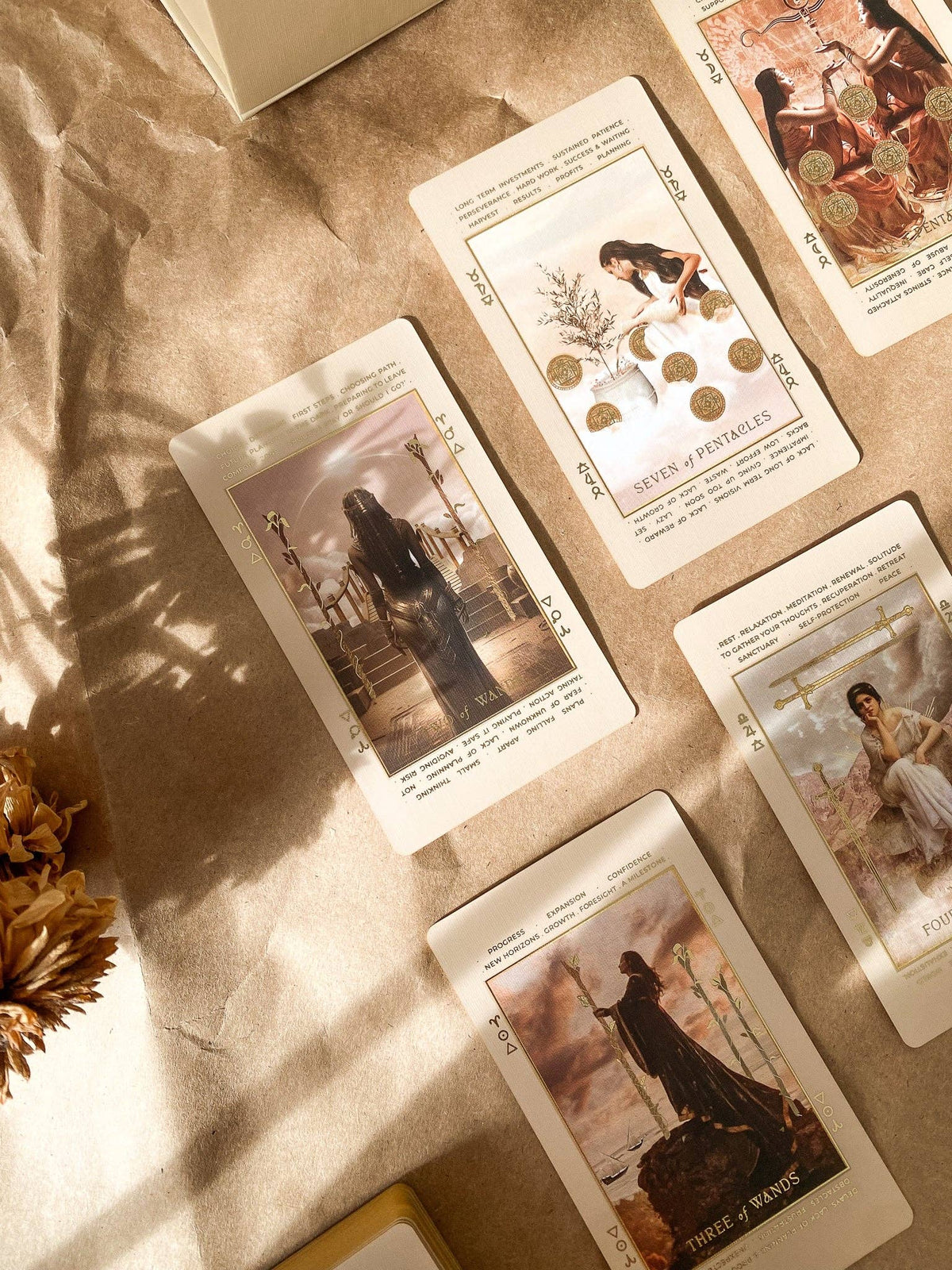 Several illustrated tarot cards are arranged on a textured beige surface with warm sunlight and leaf shadows. The cards feature vintage-style artwork and text, with one card reading 'Seven of Pentacles' and another reading 'Self-Reliance'. Lucid Dreams Beginner's Tarot Beige Edition IV by ST. SOLEIL with gold foil cards, matte gold edges and guidebook